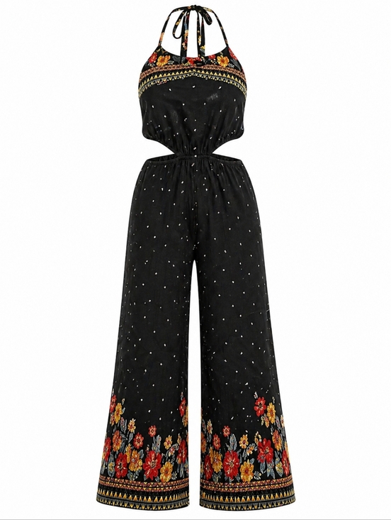 Sienna Sky Pants - Sienna Sky Black Strapless Floral-Trim Jumpsuit
